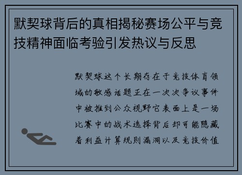 默契球背后的真相揭秘赛场公平与竞技精神面临考验引发热议与反思